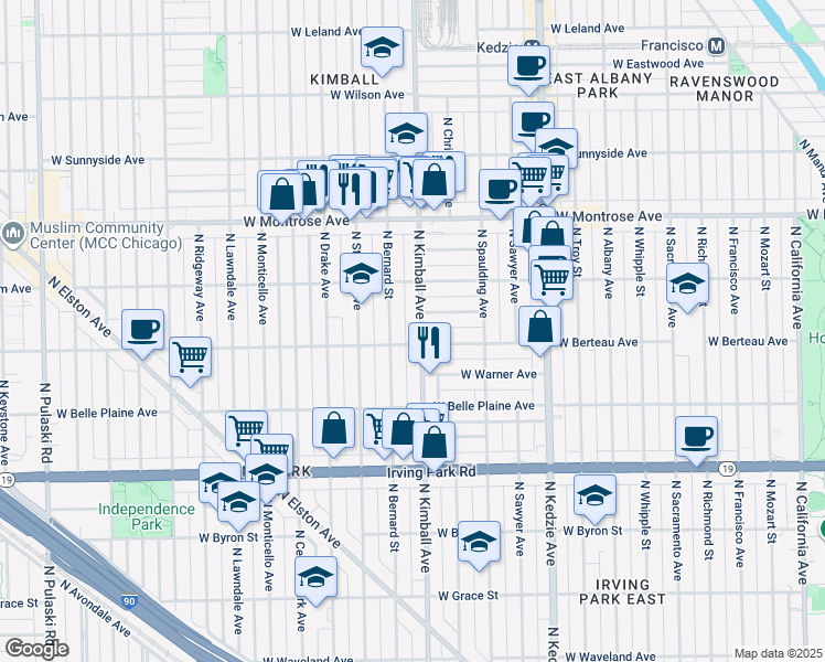 map of restaurants, bars, coffee shops, grocery stores, and more near 4215 North Bernard Street in Chicago