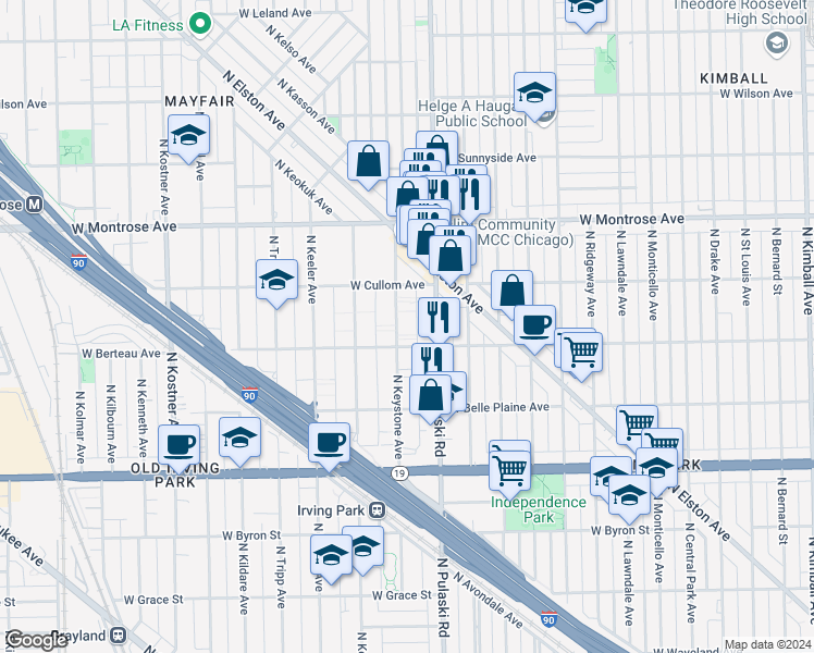 map of restaurants, bars, coffee shops, grocery stores, and more near 4219 North Keystone Avenue in Chicago