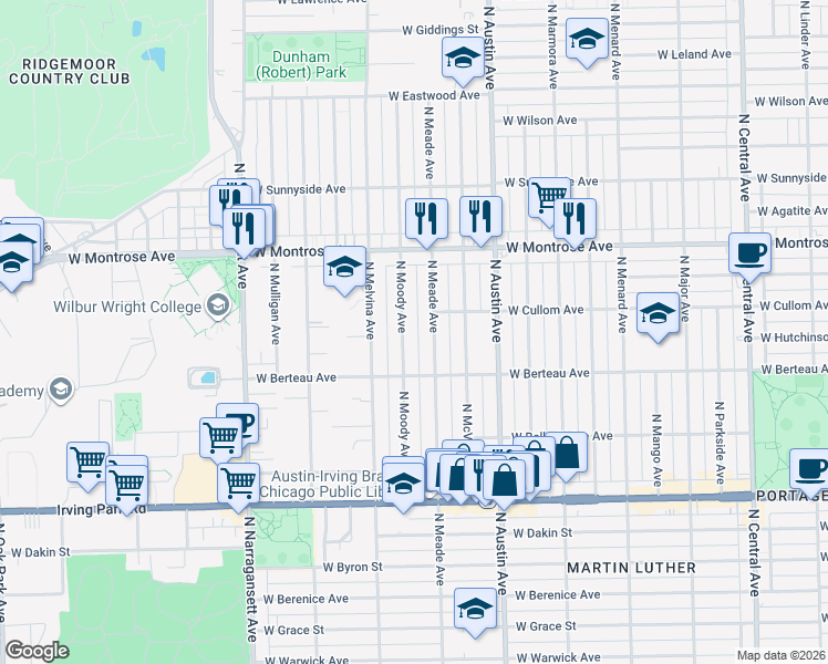 map of restaurants, bars, coffee shops, grocery stores, and more near 4243 North Moody Avenue in Chicago