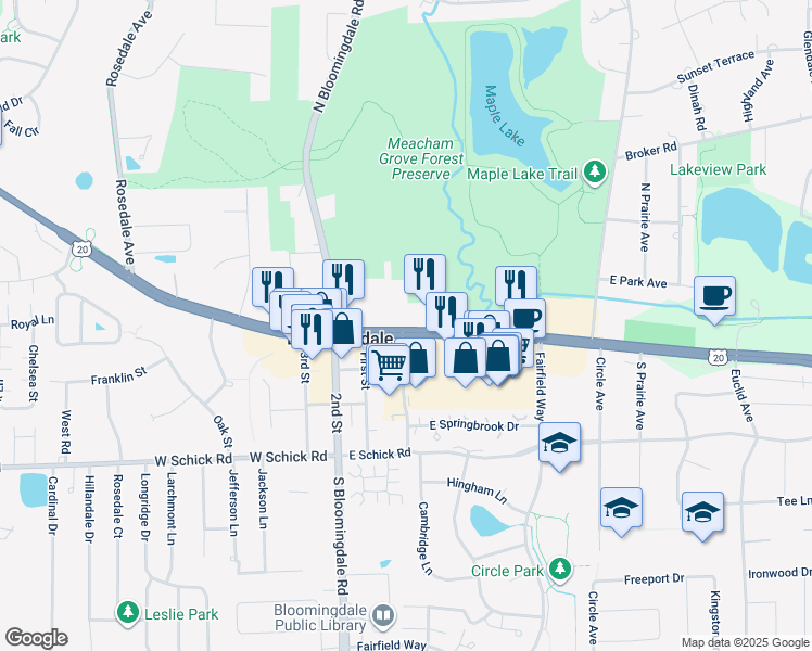 map of restaurants, bars, coffee shops, grocery stores, and more near 125 East Lake Street in Bloomingdale