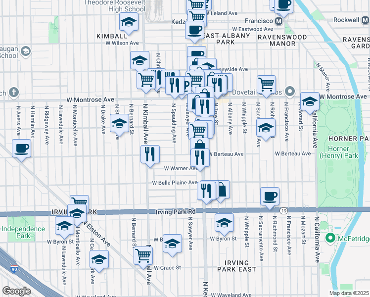 map of restaurants, bars, coffee shops, grocery stores, and more near 4210 North Sawyer Avenue in Chicago