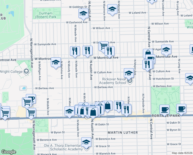map of restaurants, bars, coffee shops, grocery stores, and more near 4241 North Mason Avenue in Chicago