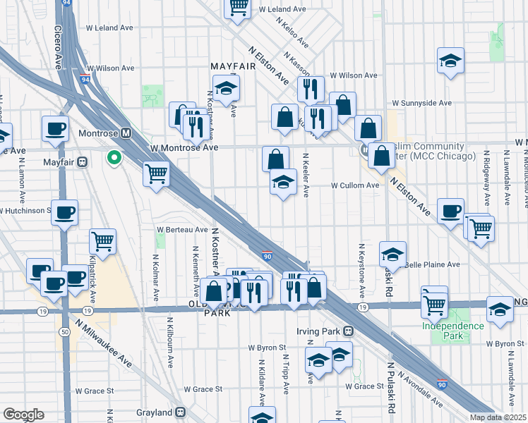 map of restaurants, bars, coffee shops, grocery stores, and more near 4223 North Kildare Avenue in Chicago