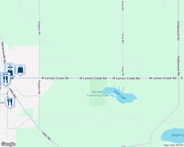 map of restaurants, bars, coffee shops, grocery stores, and more near 639 West Lemon Creek Road in Baroda