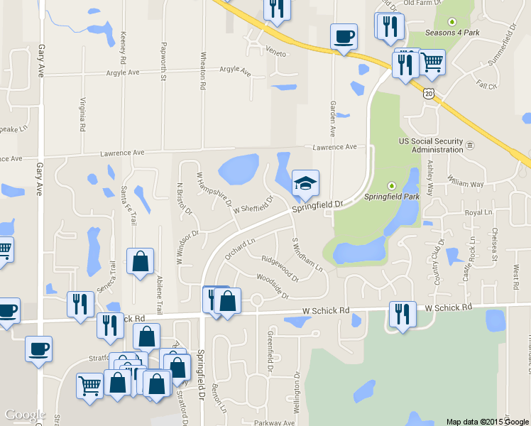 map of restaurants, bars, coffee shops, grocery stores, and more near 310 West Sheffield Drive in Bloomingdale