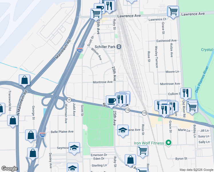 map of restaurants, bars, coffee shops, grocery stores, and more near 4336 Ruby Street in Schiller Park