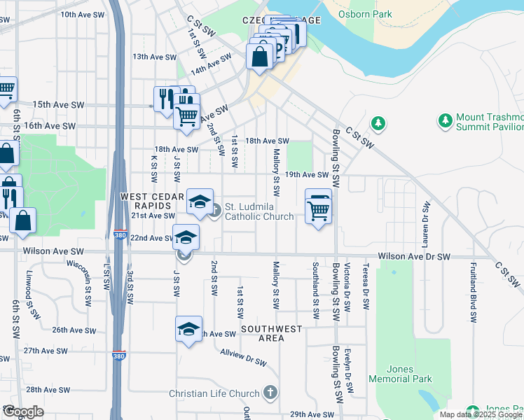map of restaurants, bars, coffee shops, grocery stores, and more near 2021 Hamilton Street Southwest in Cedar Rapids