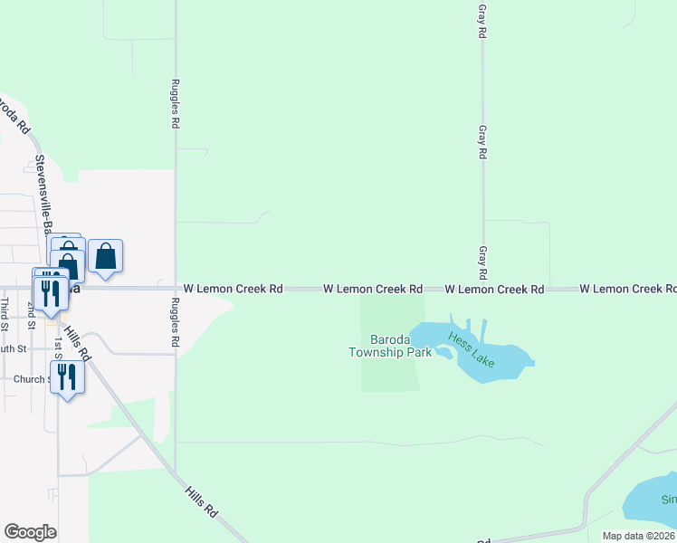 map of restaurants, bars, coffee shops, grocery stores, and more near 801 West Lemon Creek Road in Baroda
