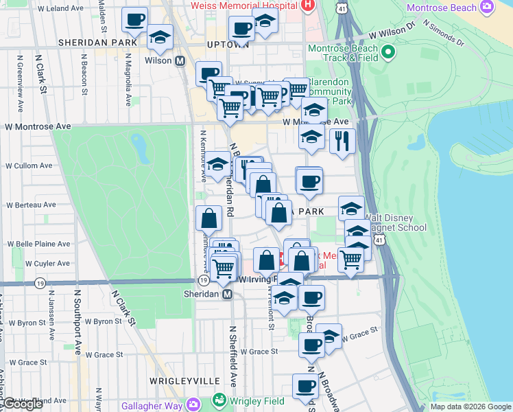 map of restaurants, bars, coffee shops, grocery stores, and more near 4142 North Broadway in Chicago