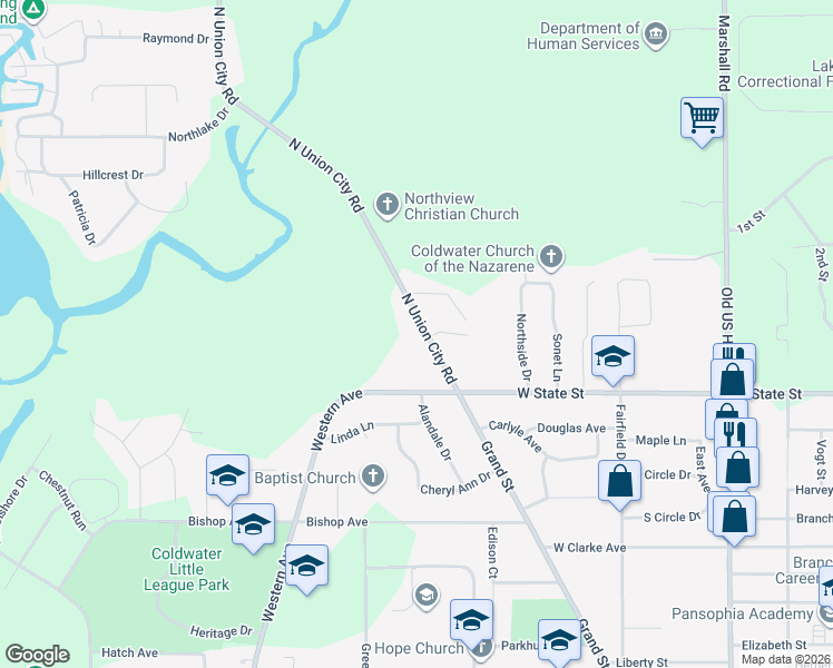 map of restaurants, bars, coffee shops, grocery stores, and more near 516 North Union City Road in Coldwater