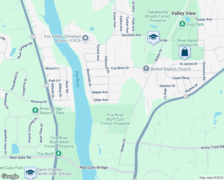 map of restaurants, bars, coffee shops, grocery stores, and more near 6N097 Oakwood Drive in St. Charles