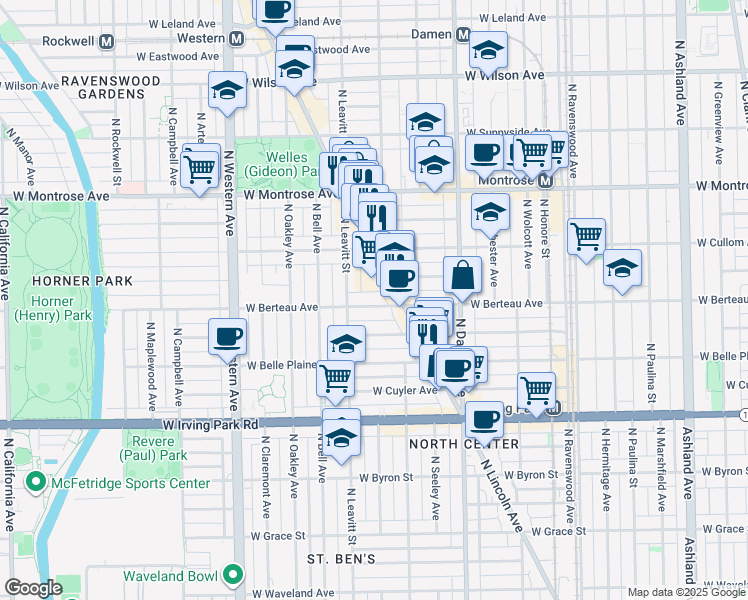 map of restaurants, bars, coffee shops, grocery stores, and more near 2128 West Berteau Avenue in Chicago