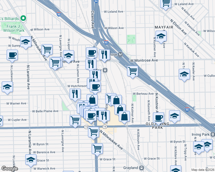 map of restaurants, bars, coffee shops, grocery stores, and more near 4227 North Kilpatrick Avenue in Chicago