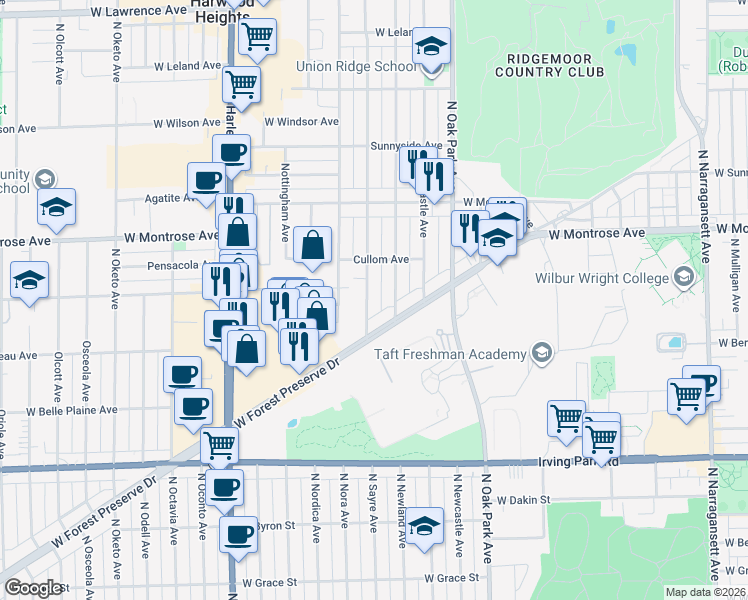 map of restaurants, bars, coffee shops, grocery stores, and more near 4217 North Newland Avenue in Harwood Heights