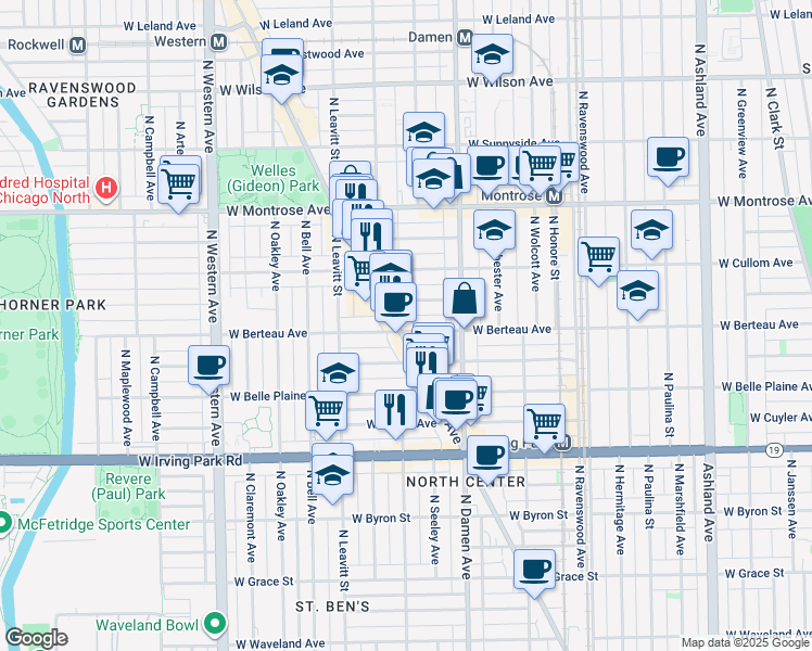 map of restaurants, bars, coffee shops, grocery stores, and more near 4201 North Lincoln Avenue in Chicago