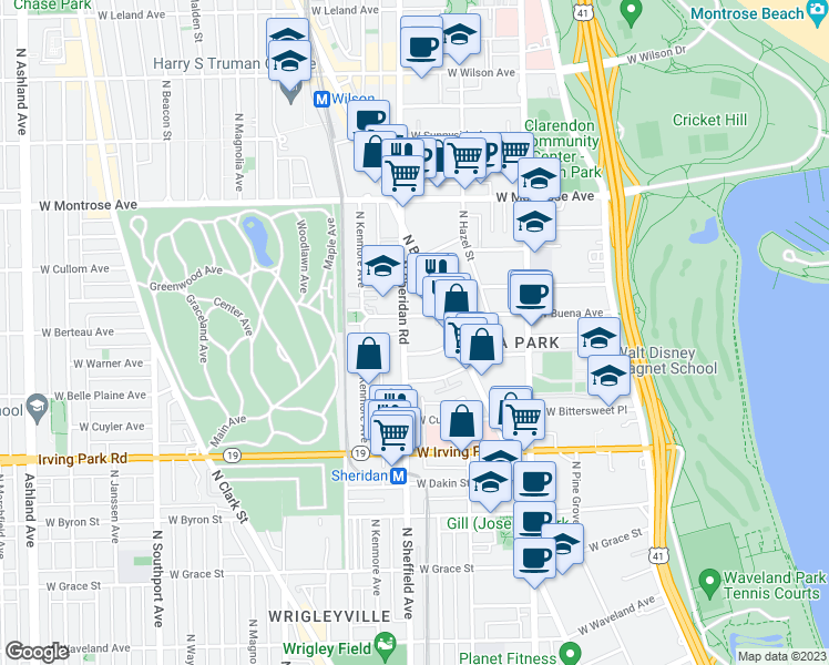 map of restaurants, bars, coffee shops, grocery stores, and more near 4151 North Sheridan Road in Chicago