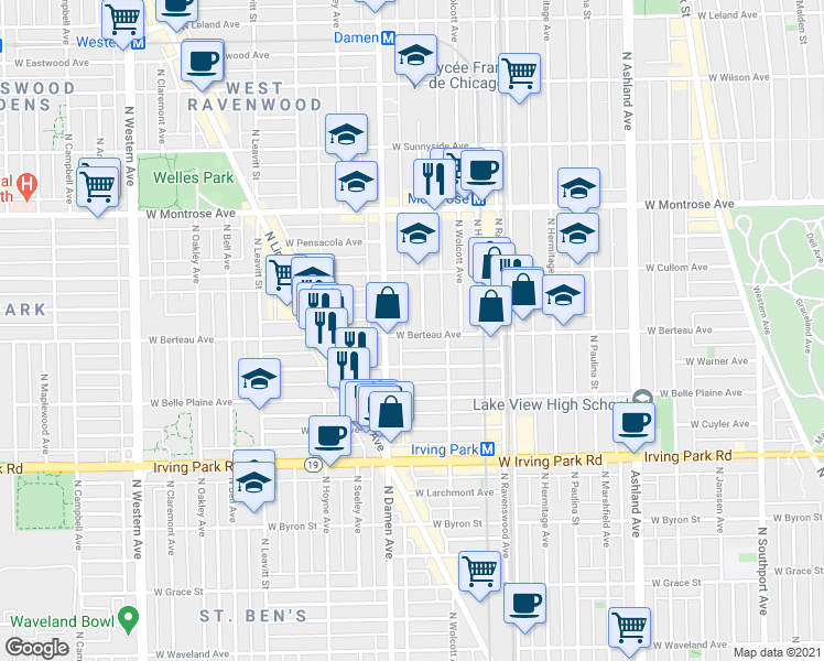 map of restaurants, bars, coffee shops, grocery stores, and more near 4200 North Winchester Avenue in Chicago