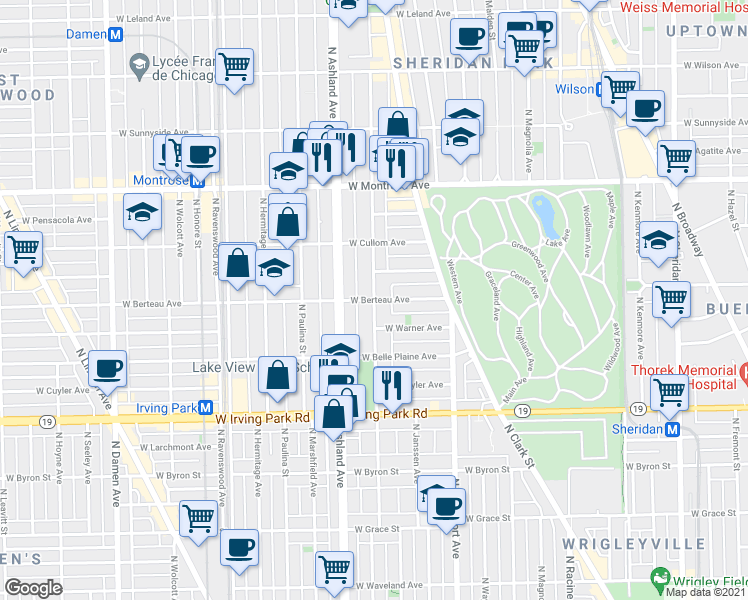 map of restaurants, bars, coffee shops, grocery stores, and more near West Berteau Avenue & North Greenview Avenue in Chicago