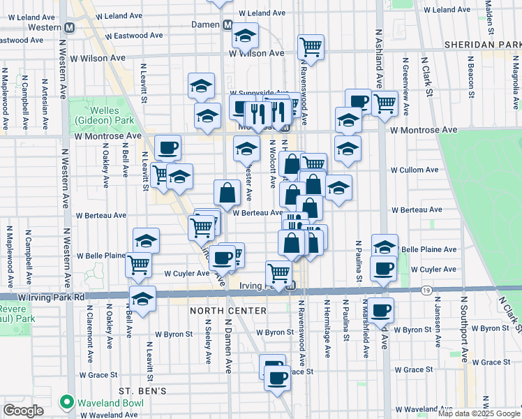 map of restaurants, bars, coffee shops, grocery stores, and more near 1900 West Berteau Avenue in Chicago