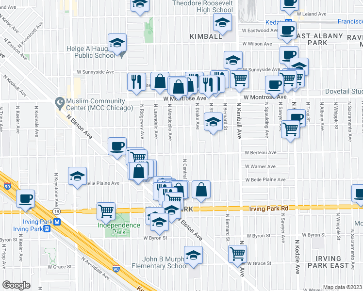 map of restaurants, bars, coffee shops, grocery stores, and more near 4214 North Central Park Avenue in Chicago