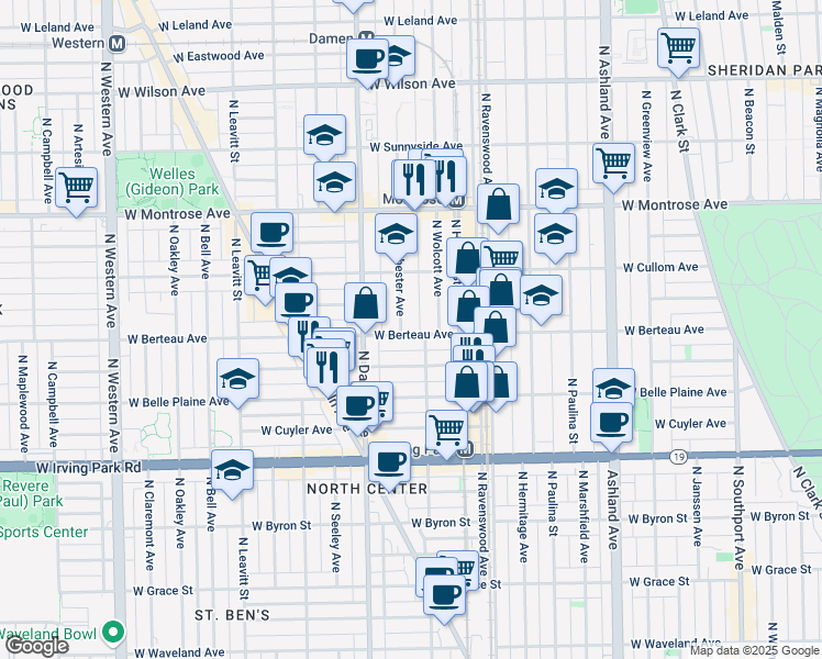 map of restaurants, bars, coffee shops, grocery stores, and more near 1908 West Berteau Avenue in Chicago