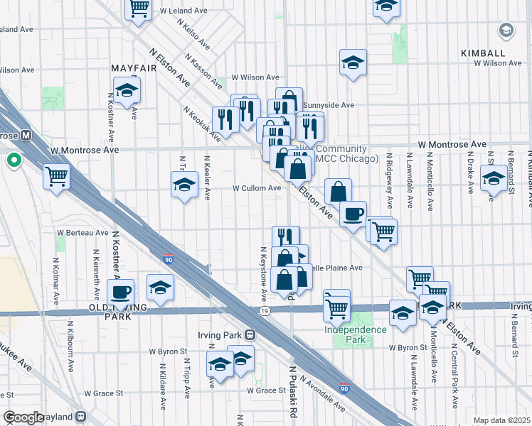 map of restaurants, bars, coffee shops, grocery stores, and more near 4219 North Keystone Avenue in Chicago