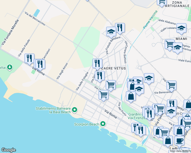 map of restaurants, bars, coffee shops, grocery stores, and more near 10 Via Giovanni XXIII in Ladispoli