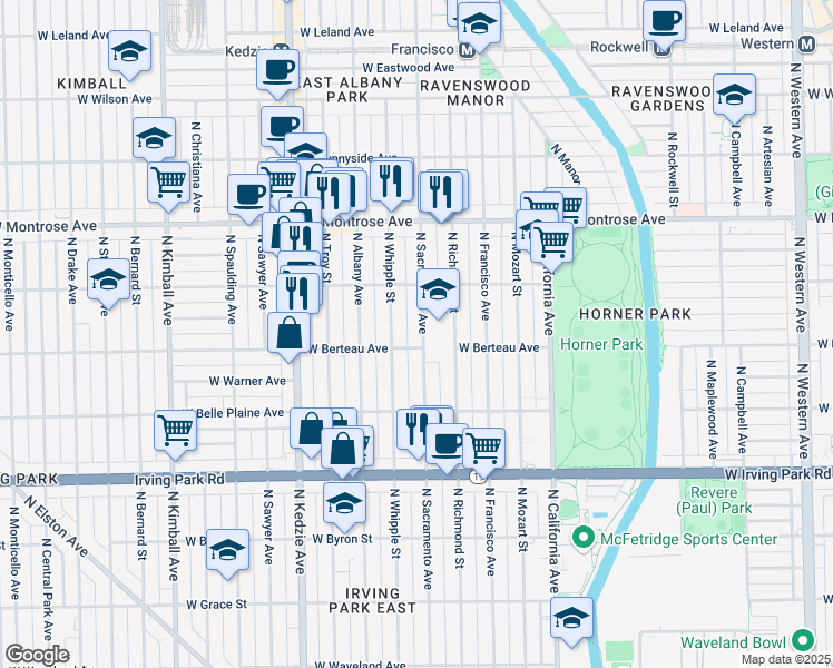 map of restaurants, bars, coffee shops, grocery stores, and more near 4210 North Sacramento Avenue in Chicago