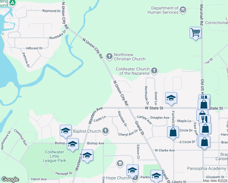 map of restaurants, bars, coffee shops, grocery stores, and more near 516 North Union City Road in Coldwater
