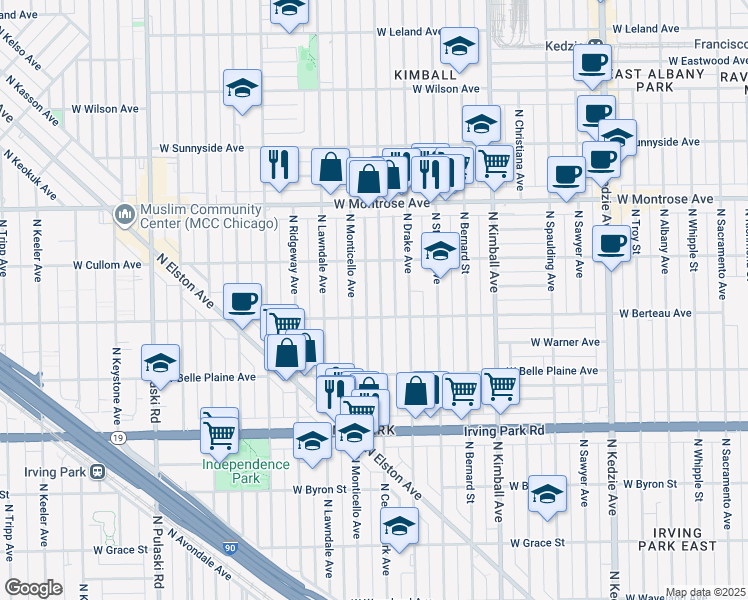 map of restaurants, bars, coffee shops, grocery stores, and more near 4218 North Central Park Avenue in Chicago