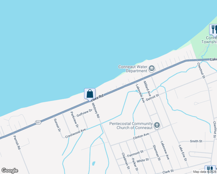 map of restaurants, bars, coffee shops, grocery stores, and more near 936 Lake Road in Conneaut