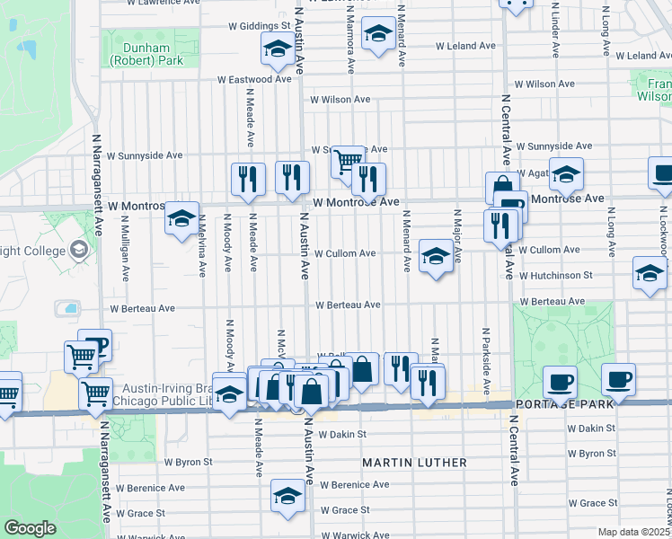map of restaurants, bars, coffee shops, grocery stores, and more near 4241 North Mason Avenue in Chicago