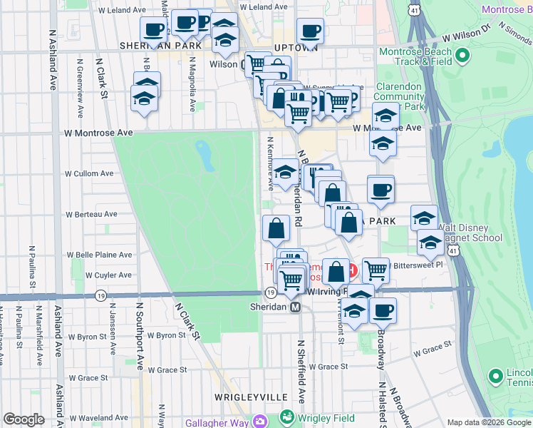 map of restaurants, bars, coffee shops, grocery stores, and more near 4150 North Kenmore Avenue in Chicago