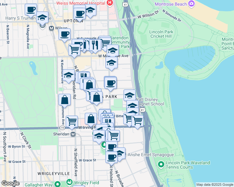 map of restaurants, bars, coffee shops, grocery stores, and more near 754 West Gordon Terrace in Chicago