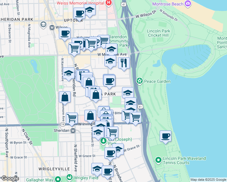 map of restaurants, bars, coffee shops, grocery stores, and more near 754 West Gordon Terrace in Chicago