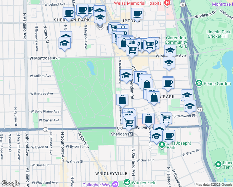map of restaurants, bars, coffee shops, grocery stores, and more near 4154 North Kenmore Avenue in Chicago