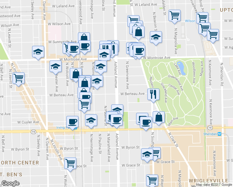 map of restaurants, bars, coffee shops, grocery stores, and more near 1604 West Berteau Avenue in Chicago
