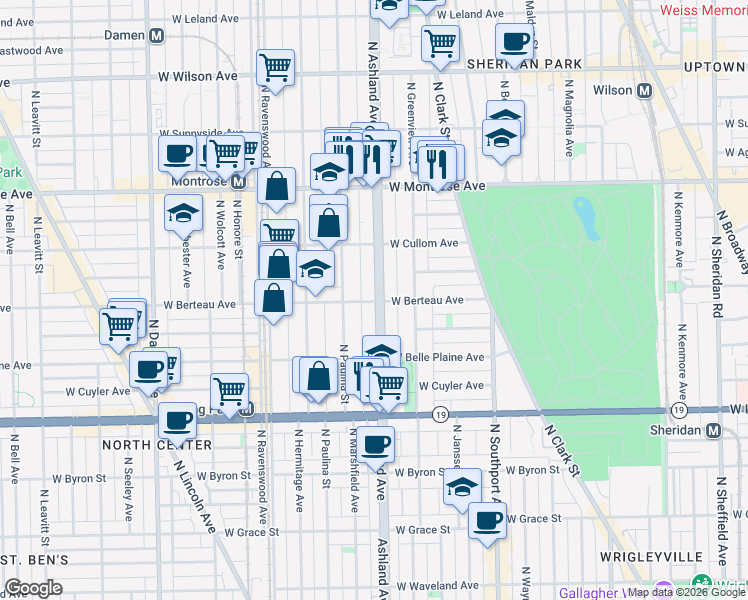 map of restaurants, bars, coffee shops, grocery stores, and more near 1604 West Berteau Avenue in Chicago