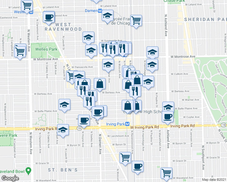 map of restaurants, bars, coffee shops, grocery stores, and more near 1858 West Berteau Avenue in Chicago