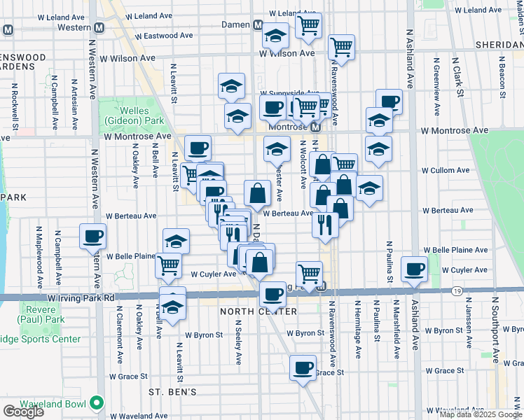 map of restaurants, bars, coffee shops, grocery stores, and more near 1926 West Berteau Avenue in Chicago