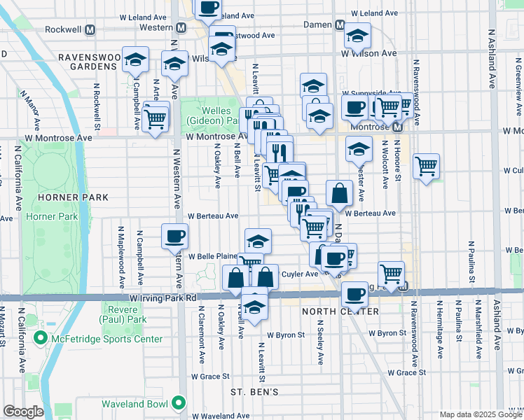 map of restaurants, bars, coffee shops, grocery stores, and more near 4208 North Leavitt Street in Chicago