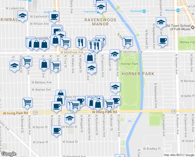 map of restaurants, bars, coffee shops, grocery stores, and more near 4213 North Richmond Street in Chicago