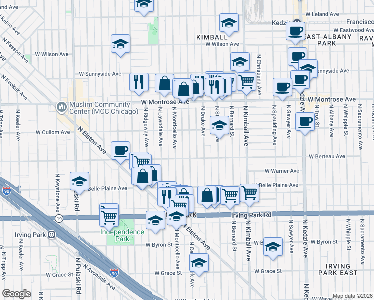 map of restaurants, bars, coffee shops, grocery stores, and more near 4214 North Central Park Avenue in Chicago