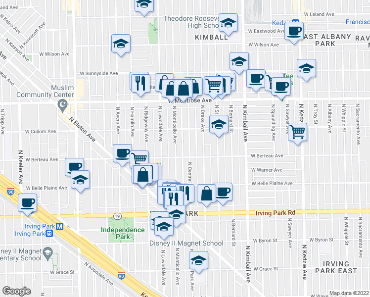 map of restaurants, bars, coffee shops, grocery stores, and more near 4218 North Central Park Avenue in Chicago