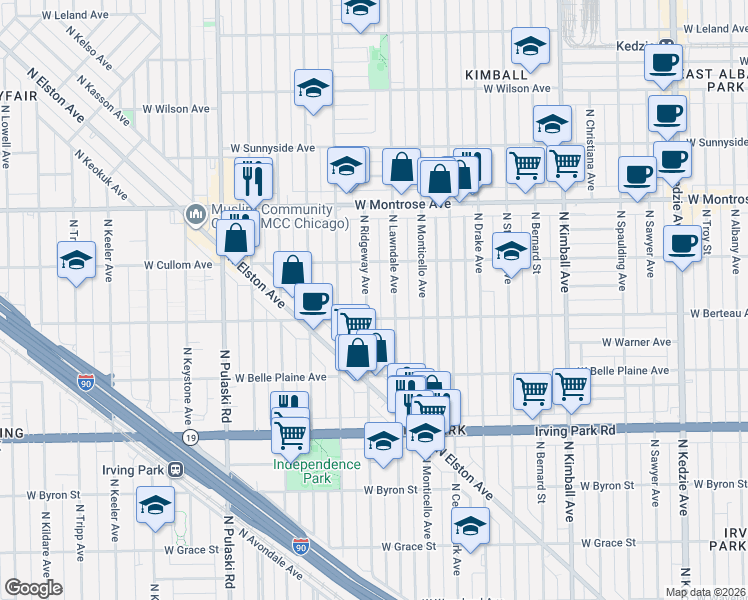 map of restaurants, bars, coffee shops, grocery stores, and more near 4221 North Ridgeway Avenue in Chicago