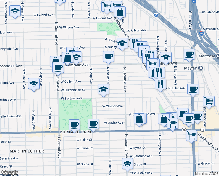 map of restaurants, bars, coffee shops, grocery stores, and more near 5242 West Hutchinson Street in Chicago
