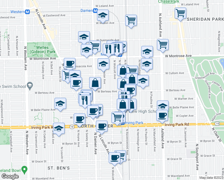 map of restaurants, bars, coffee shops, grocery stores, and more near 1858 West Berteau Avenue in Chicago