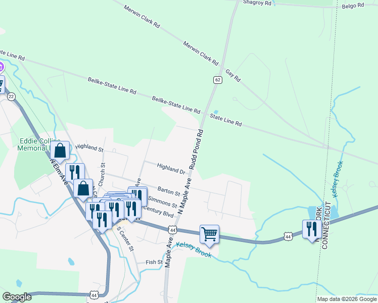 map of restaurants, bars, coffee shops, grocery stores, and more near 65 Rudd Pond Road in Millerton