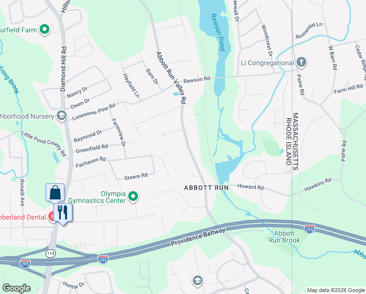 map of restaurants, bars, coffee shops, grocery stores, and more near 94 Abbott Run Valley Road in Cumberland