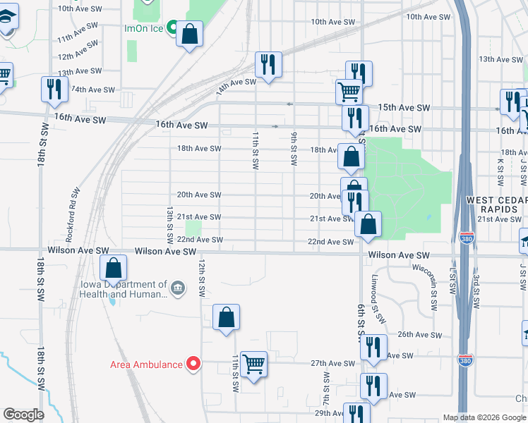 map of restaurants, bars, coffee shops, grocery stores, and more near 944 21st Avenue Southwest in Cedar Rapids